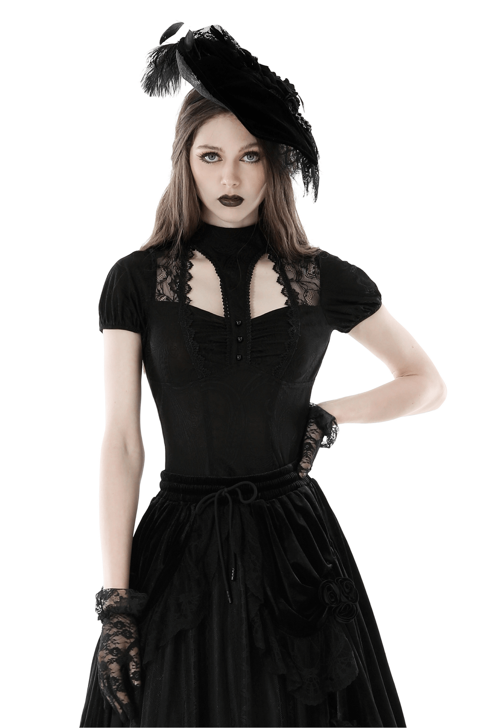 Gothic Lace Top and Velvet Skirt with Feathered Hat Gothic Lace Top and Velvet Skirt with Feathered Hat — Dark Romantic Outfits 2027