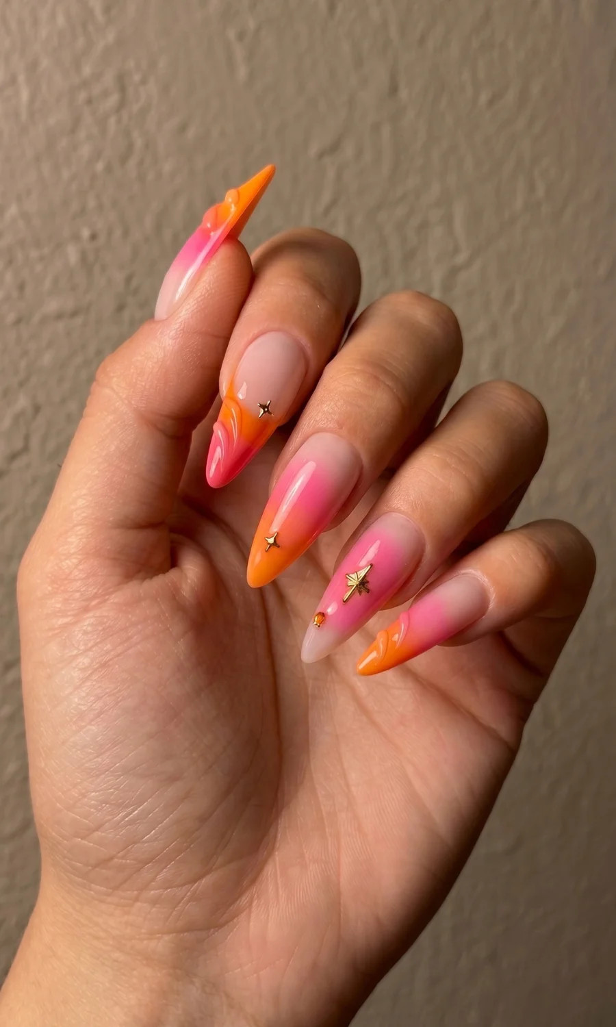 Long Almond Sunset with Gold Star Accents Long Almond Sunset with Gold Star Accents — Pink and Orange Sunset Nails 2027