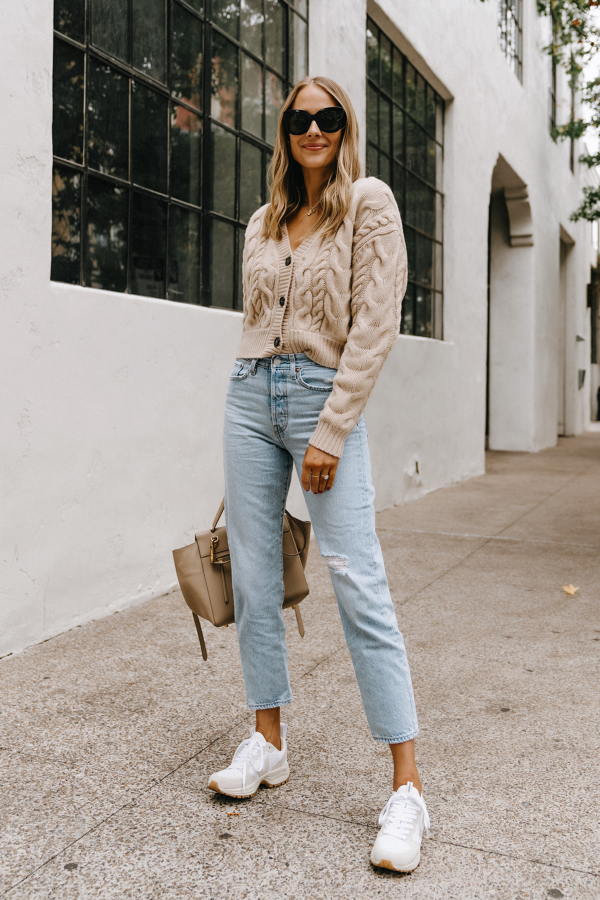 Beige Cable Knit Cardigan with Relaxed Jeans and Sneakers Beige Cable Knit Cardigan with Relaxed Jeans and Sneakers — Fall Cardigan Outfits 2026