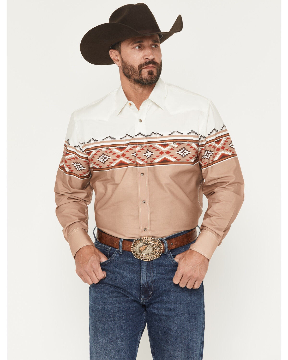 Geometric Pattern Western Shirt with Ornate Buckle Geometric Pattern Western Shirt with Ornate Buckle — Rodeo Outfits 2027