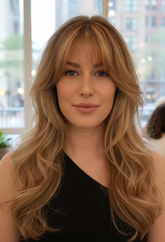 Butterfly Cut Dark Brown With Caramel Highlights Butterfly Cut Dark Brown With Caramel Highlights — Soft Bangs 2027
