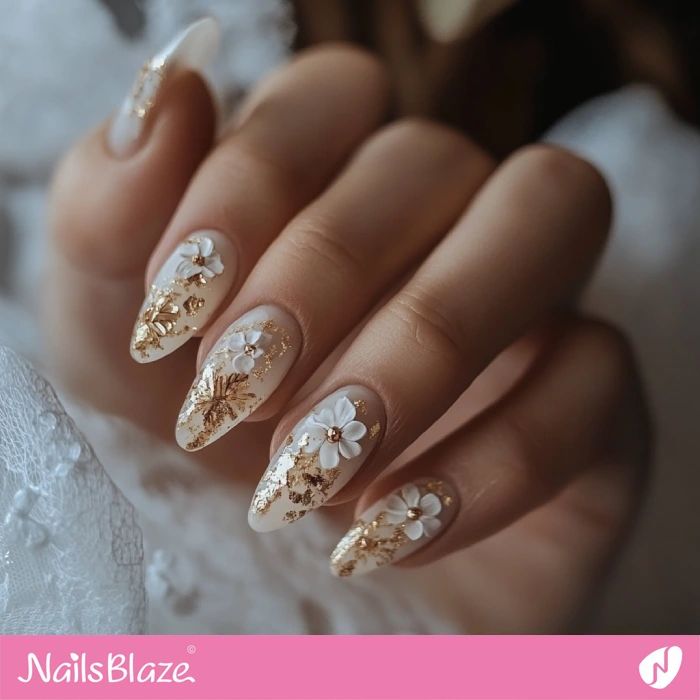 Stiletto with 3D Floral and Gold Foil — Floral Wedding Nails 2027