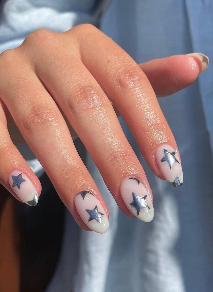 Short Milky White with Silver Stars — Moon and Stars Nails 2027