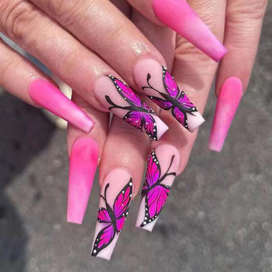 Hot Pink Gradient Butterfly Nails Hot Pink Gradient Butterfly Nails — Long Butterfly Coffin Nails 2027