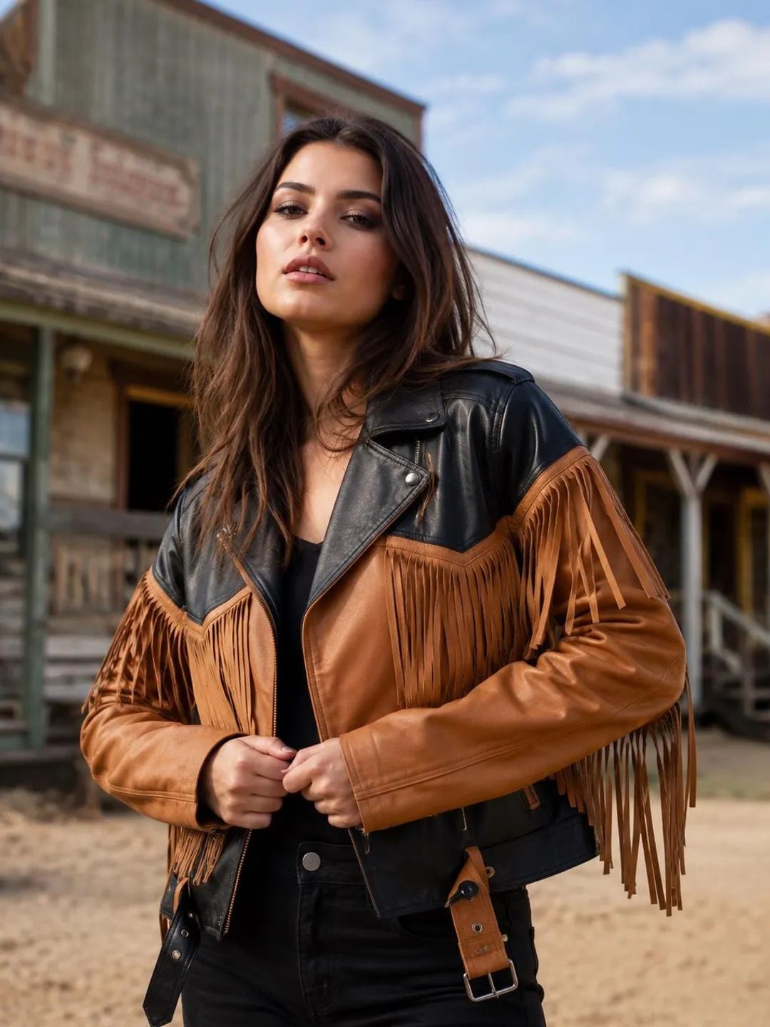 Edgy Contrast: Two-Tone Leather Fringe Jacket with Black Edgy Contrast: Two-Tone Leather Fringe Jacket with Black — Fringe Jacket Outfits 2027