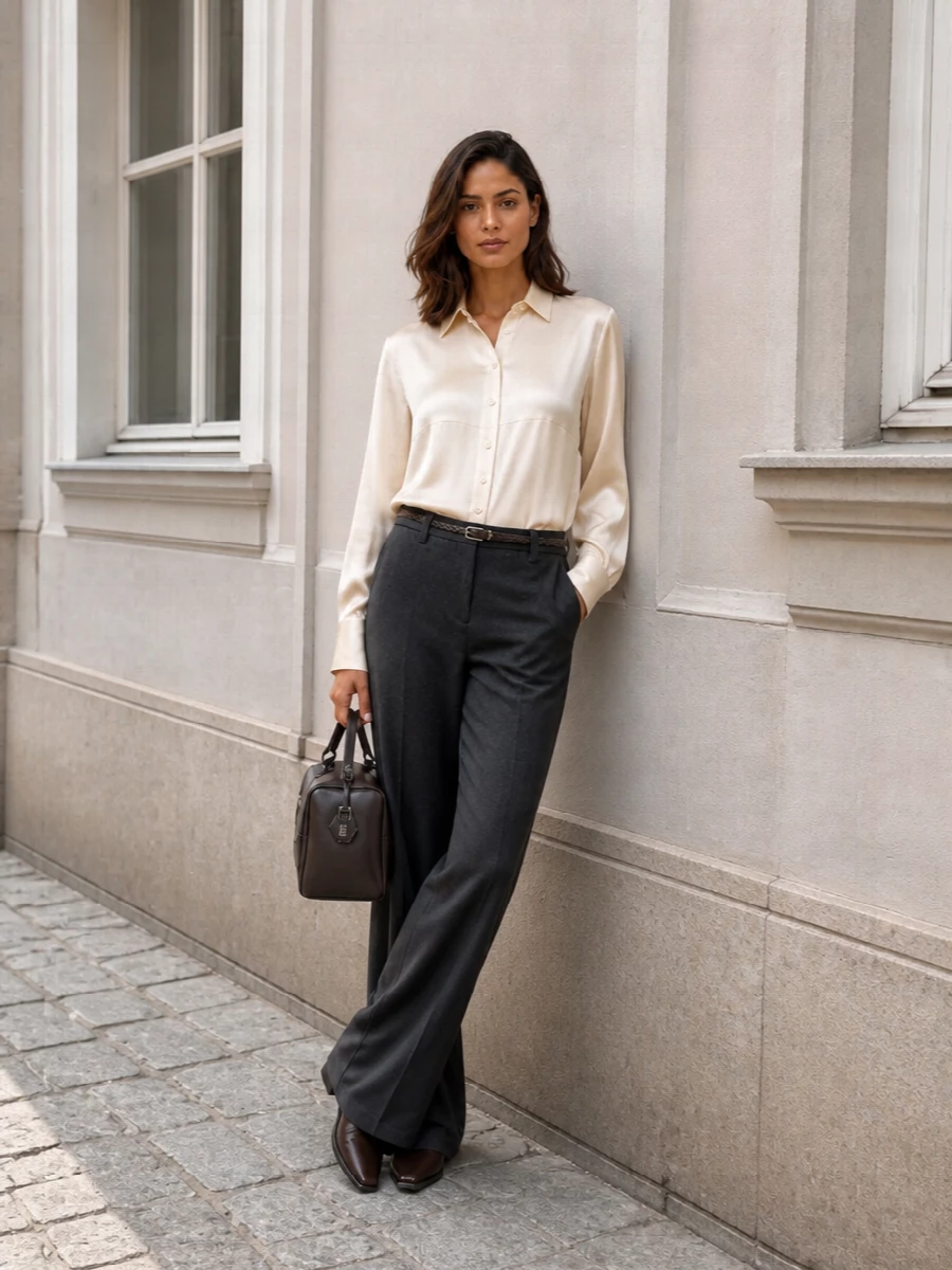 Charcoal Wide-Leg Trousers: Sophisticated Business Casual with Silk Shirt Charcoal Wide-Leg Trousers: Sophisticated Business Casual with Silk Shirt — Charcoal Outfits 2027
