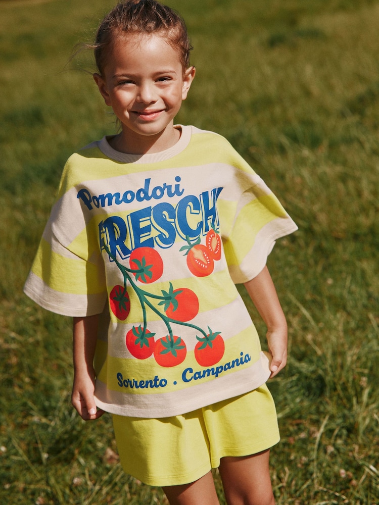Striped T-Shirt with Tomato Graphic and Shorts — Tomato Girl Outfits 2027