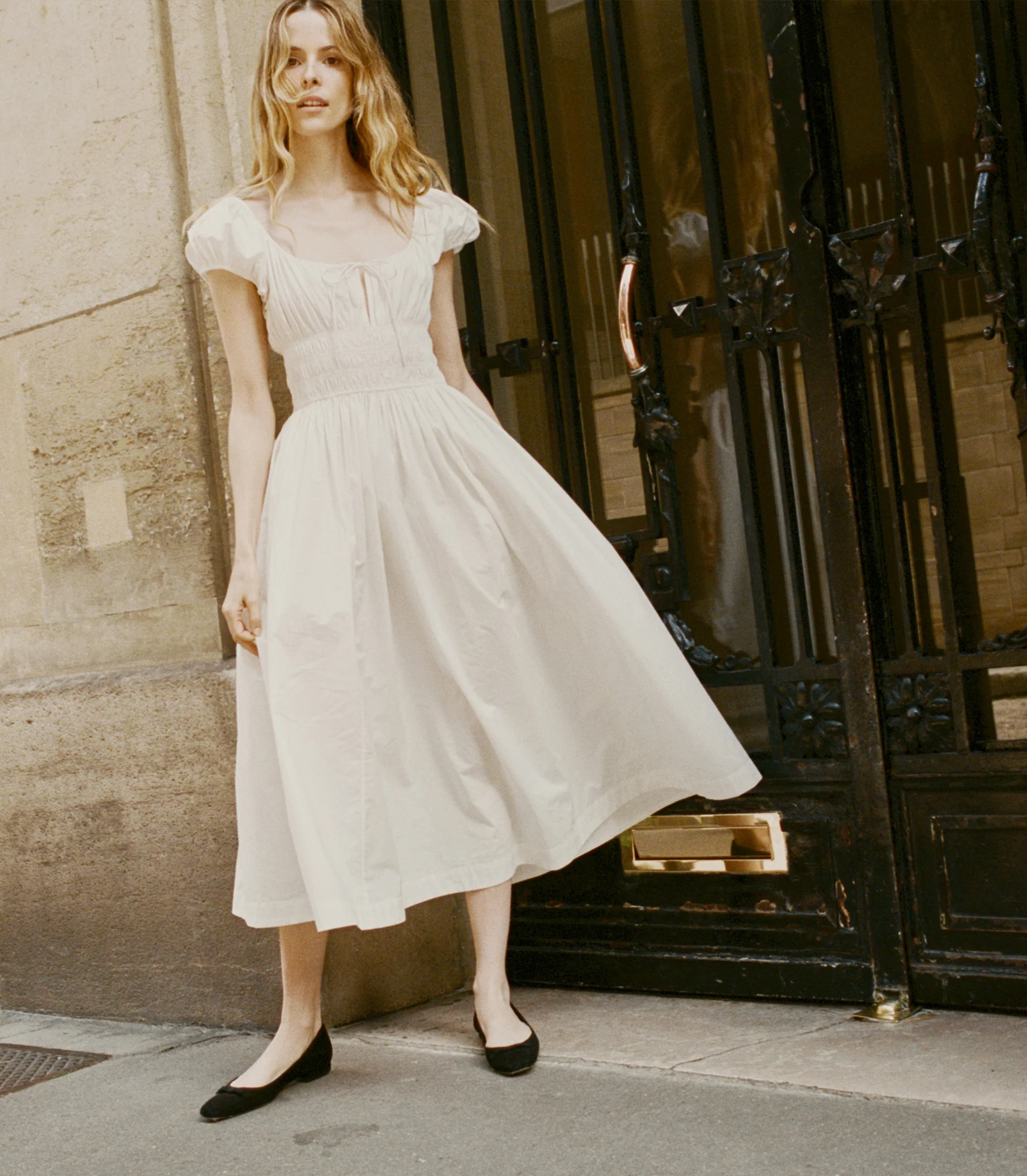Chic Off-White Cotton Milkmaid Midi with Puff Sleeves and Black Flats Chic Off-White Cotton Milkmaid Midi with Puff Sleeves and Black Flats — Milkmaid Dresses 2027