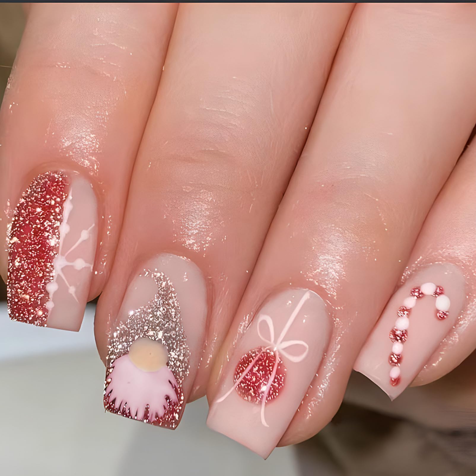 Gnome Glitter Snowflake Bow Candy Cane Visual Idea — Long Christmas Nails 2026
