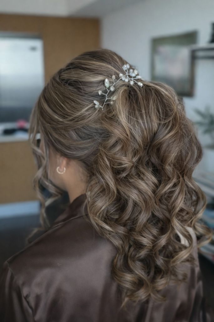 Thick Wavy Half-Up With Sparkling Accessory Thick Wavy Half-Up With Sparkling Accessory — Engagement Party Hairstyles 2027