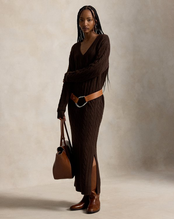 Dark Brown Cable Knit Maxi Dress with Belted Waist — Tall Women Outfits 2027