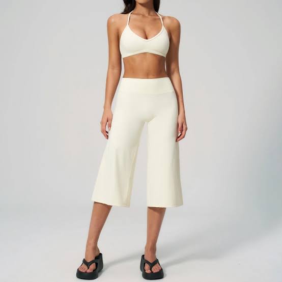 Off-White Halter Set with Wide-Leg Capri Pants Off-White Halter Set with Wide-Leg Capri Pants — Yoga Outfits 2027