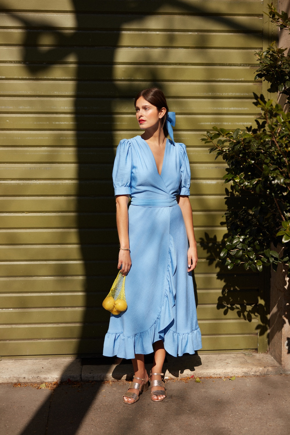 Light Blue Short-Sleeved Wrap Dress with Ruffled Hem — Wrap Dresses 2027