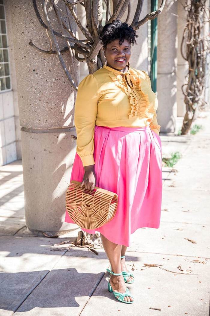 Bright Yellow Ruffled Blouse with Pink A-Line Skirt — Curvy Outfits 2027