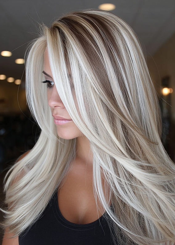 Platinum Blonde with Chunky Dark Brown Lowlights — Lowlights 2027