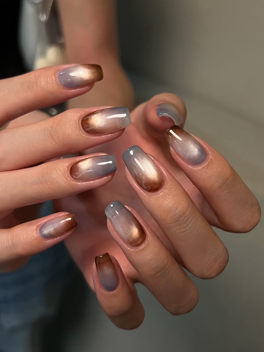 Grey-Blue to Brown Shimmer Ombre — Long Coffin Nails 2027