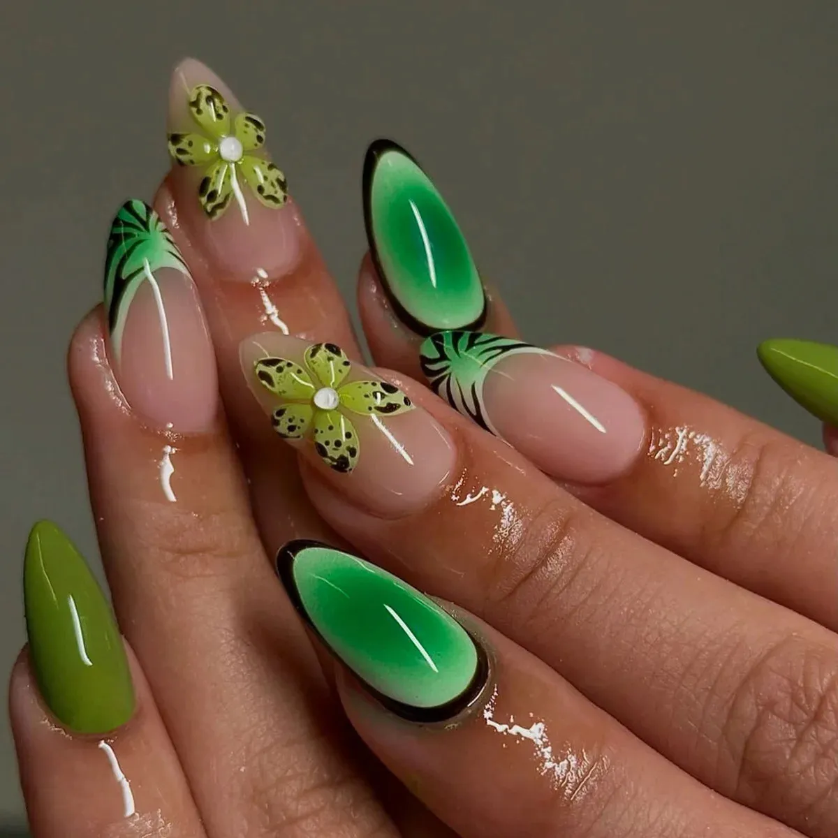 3D Green Pearlescent Butterfly Almonds — Short Butterfly Almond Nails 2027