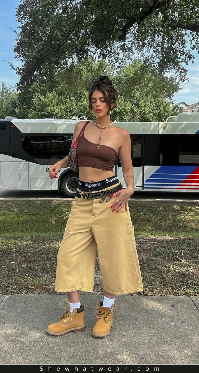 Street Style: Brown One-Shoulder Crop Top with Khaki Culottes and Timberland Boots — Tank Top Outfits 2027