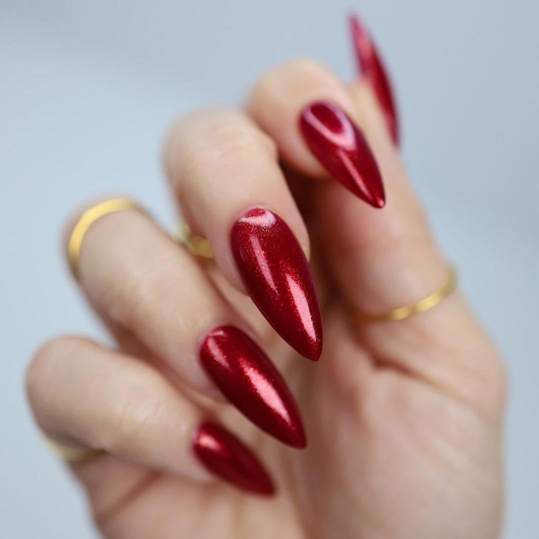 Deep Metallic Red Shimmer Stilettos Deep Metallic Red Shimmer Stilettos — Winter Formal Nails 2027