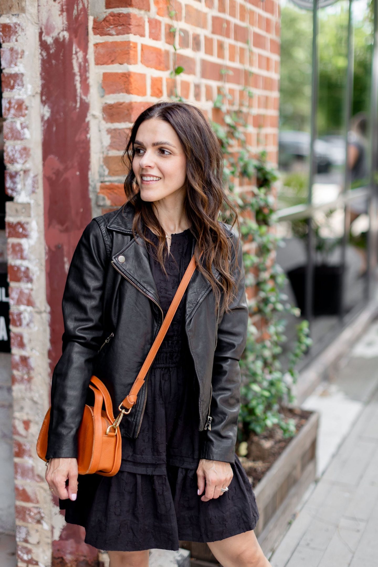 Casual Chic: Black Leather Jacket with Tiered Mini Dress and Ankle Boots Casual Chic: Black Leather Jacket with Tiered Mini Dress and Ankle Boots — Dress 2027 with Leather Jacket Outfit