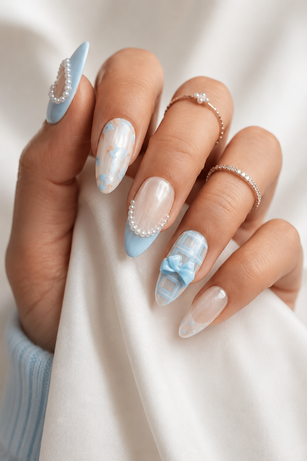 Long Stiletto Mix: Pearls, Florals, Plaid Long Stiletto Mix: Pearls, Florals, Plaid — Light Blue Quinceanera Nails 2027