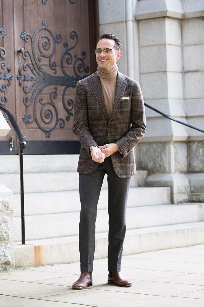 Tan Turtleneck Layered Under a Brown Plaid Blazer — Turtleneck Outfits 2027
