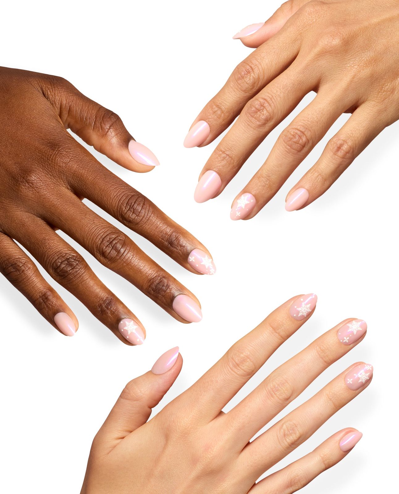 Pale Pink Pearlescent Snowflake Almond Nails Pale Pink Pearlescent Snowflake Almond Nails — Winter Nail Colors 2027 for Dark Skin