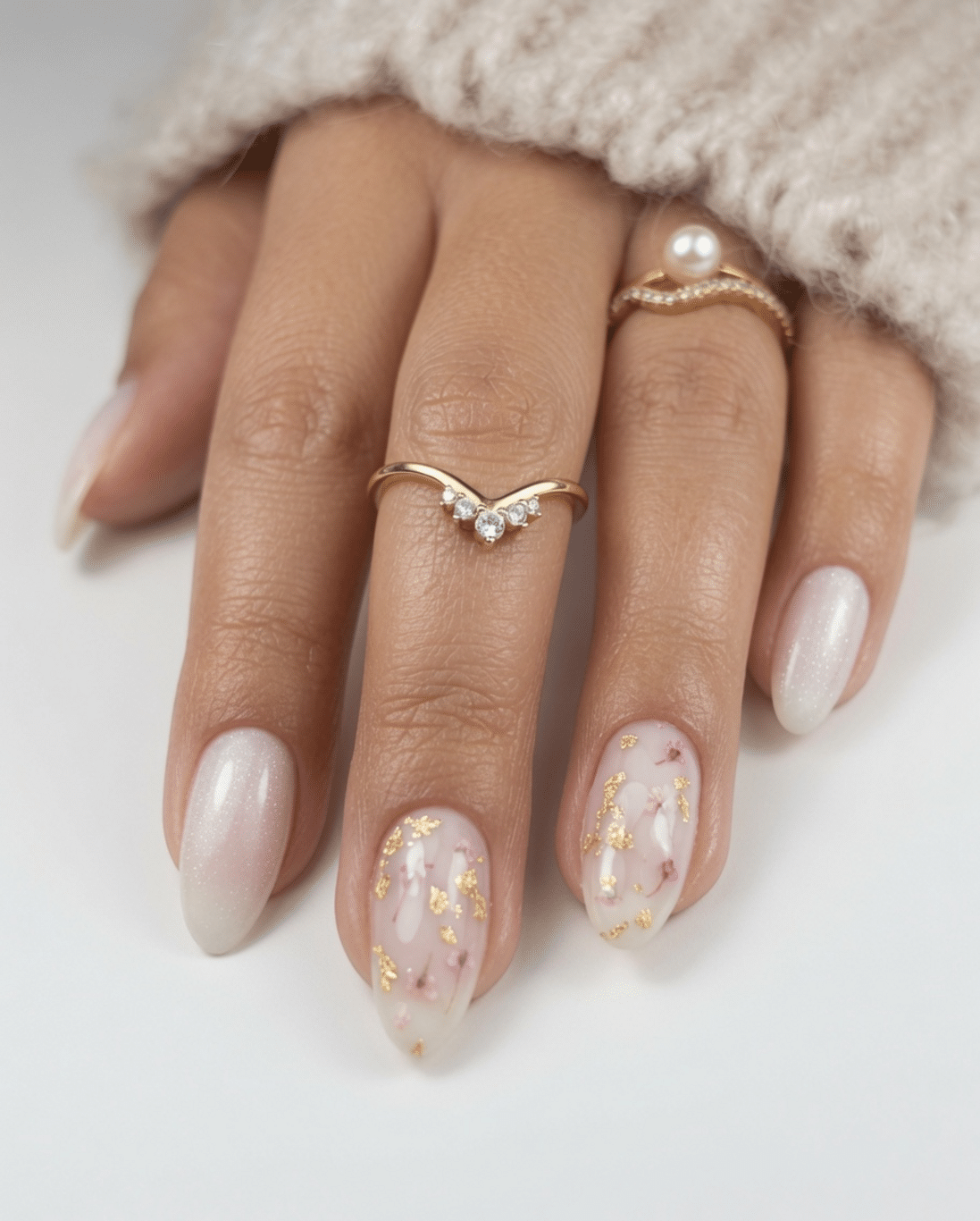 Nude Base With Pressed Dried Flowers And Gold Leaf Nude Base With Pressed Dried Flowers And Gold Leaf — Flower Nails 2027