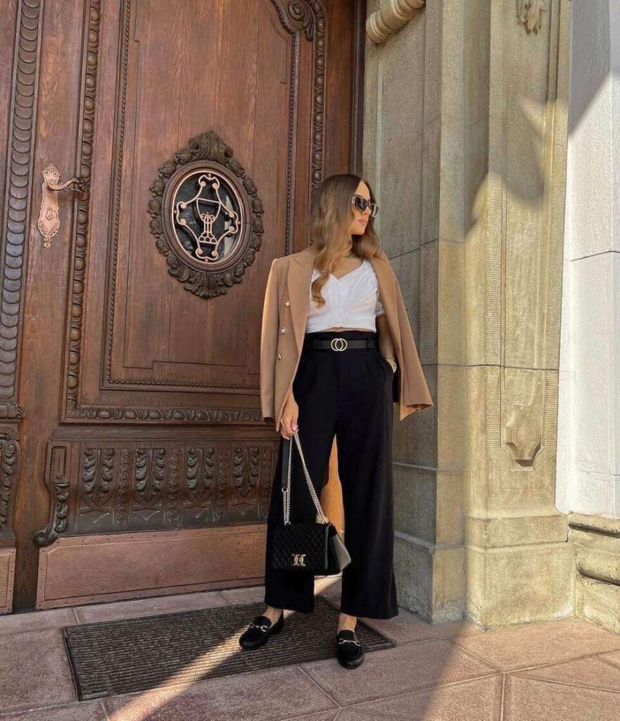 Wide-Leg Split Trousers and Camel Blazer with Black Loafers Wide-Leg Split Trousers and Camel Blazer with Black Loafers — Spring Outfits 2027 with Loafers