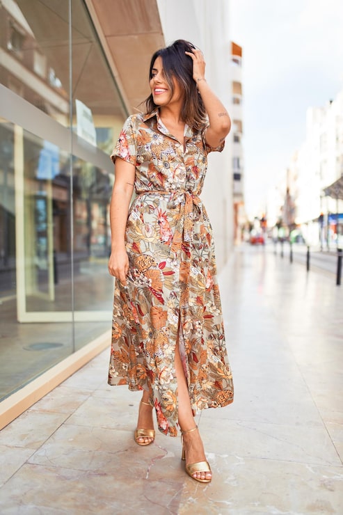 Floral Print Midi Shirt Dress with Satin-Like Fabric Floral Print Midi Shirt Dress with Satin-Like Fabric — Cowgirl Dress 2027