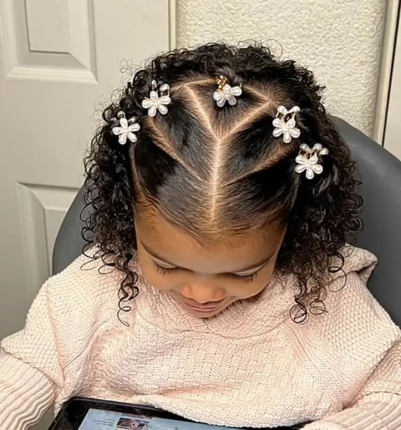 Natural Curly Hair With Flower Clips — Kids Braids 2027
