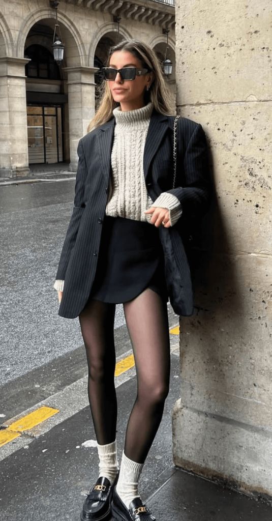 Beige Cable-Knit Sweater with Pinstripe Blazer — Winter Minimalist Outfits 2027