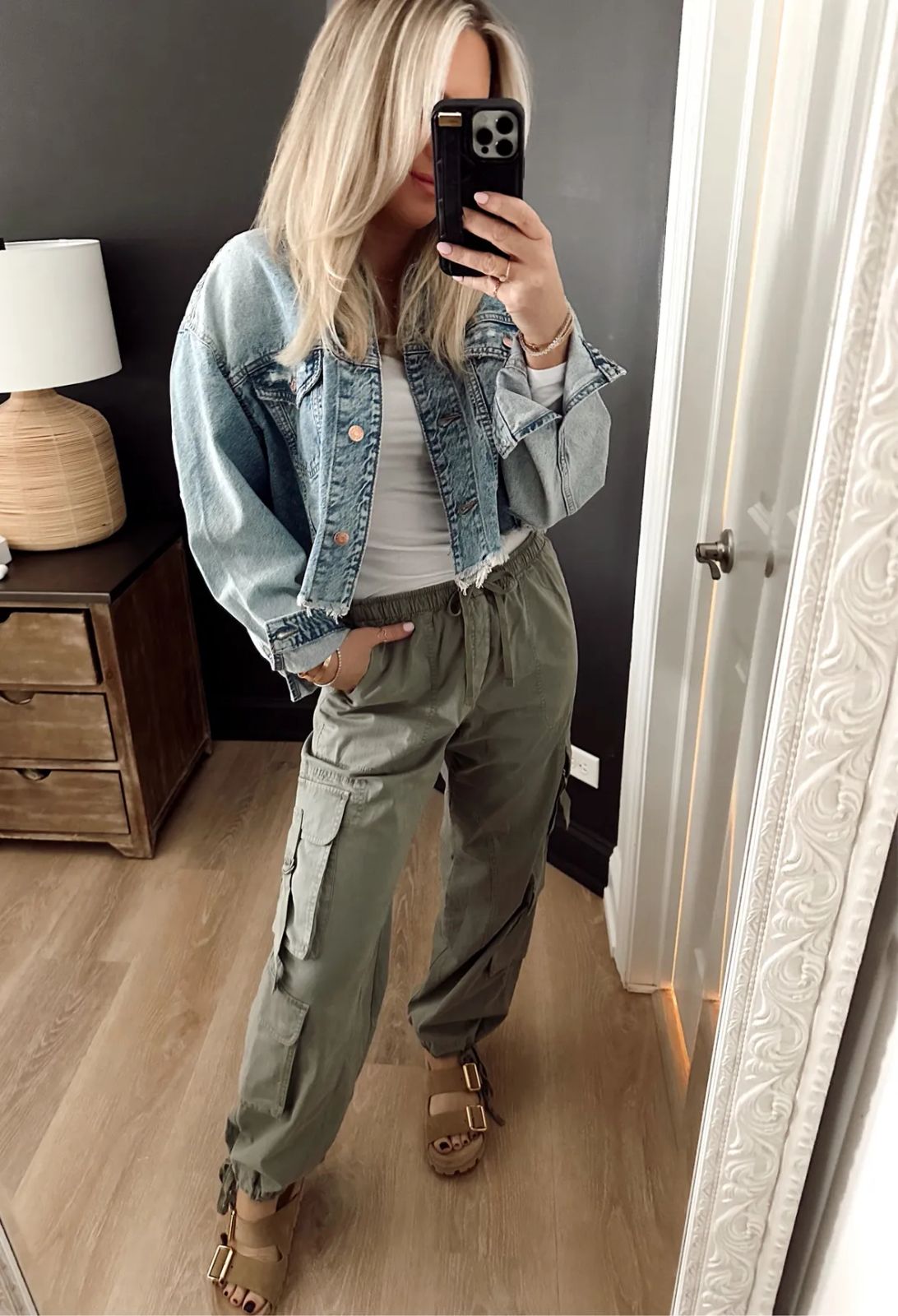 Relaxed Fit Cargos with Denim Jacket and Platform Sandals Relaxed Fit Cargos with Denim Jacket and Platform Sandals — Khaki Cargo Pants Outfits 2027