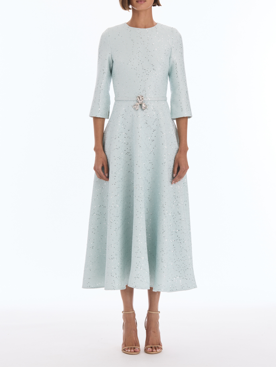 Sequin Sparkle: Light Blue Fit-and-Flare Midi with Embellished Belt Sequin Sparkle: Light Blue Fit-and-Flare Midi with Embellished Belt — Midi Dresses 2027