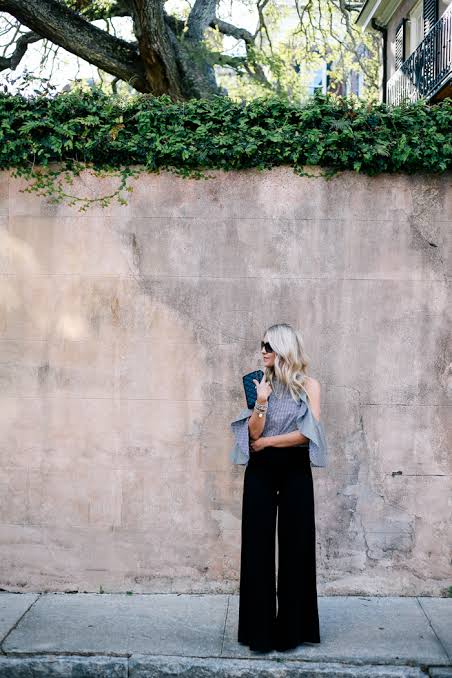 Chic Off-the-Shoulder Stripes with Wide-Leg Trousers Chic Off-the-Shoulder Stripes with Wide-Leg Trousers — Charleston Outfits 2027