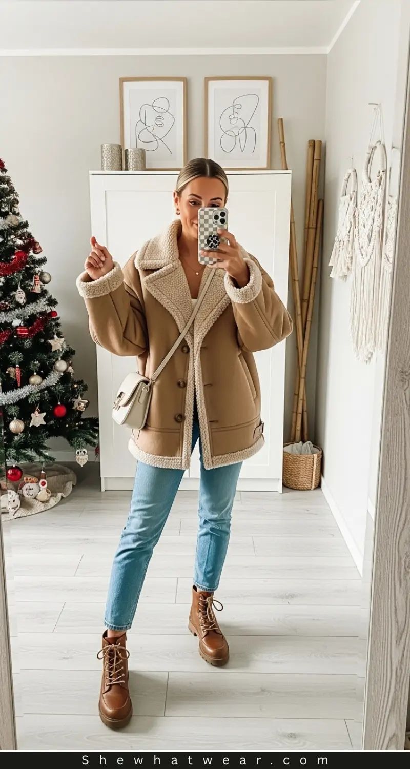 Warm Tan Shearling-Lined Jacket Style Warm Tan Shearling-Lined Jacket Style — Cozy Winter Outfits 2027