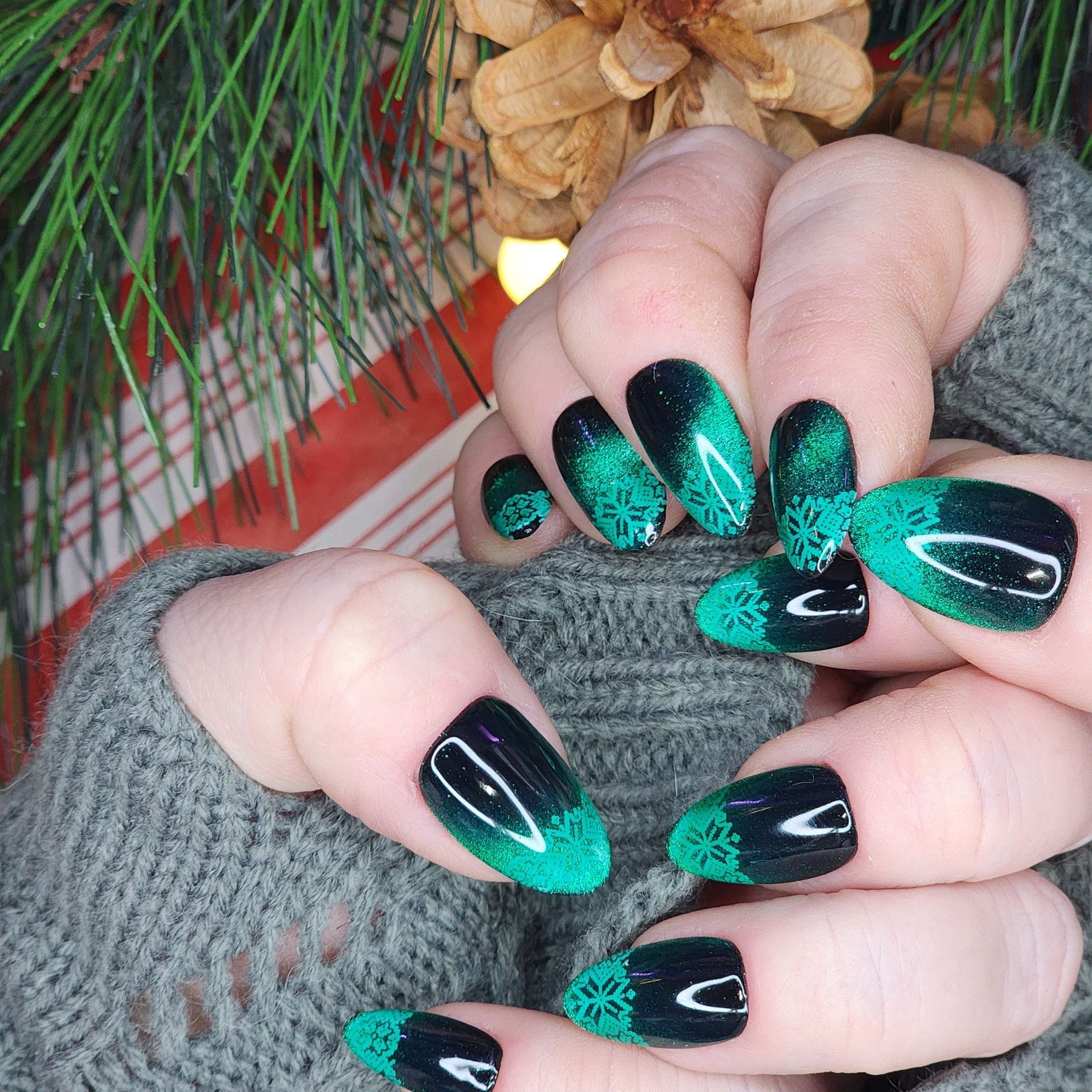 Green Black Glitter Snowflake Decals — Winter Ombre Nails 2027