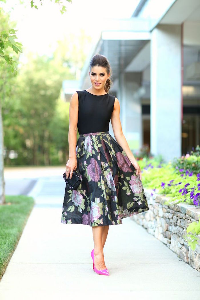 Floral Midi Skirt with Black Sleeveless Top and Pink Pumps — Summer Wedding Outfits 2027