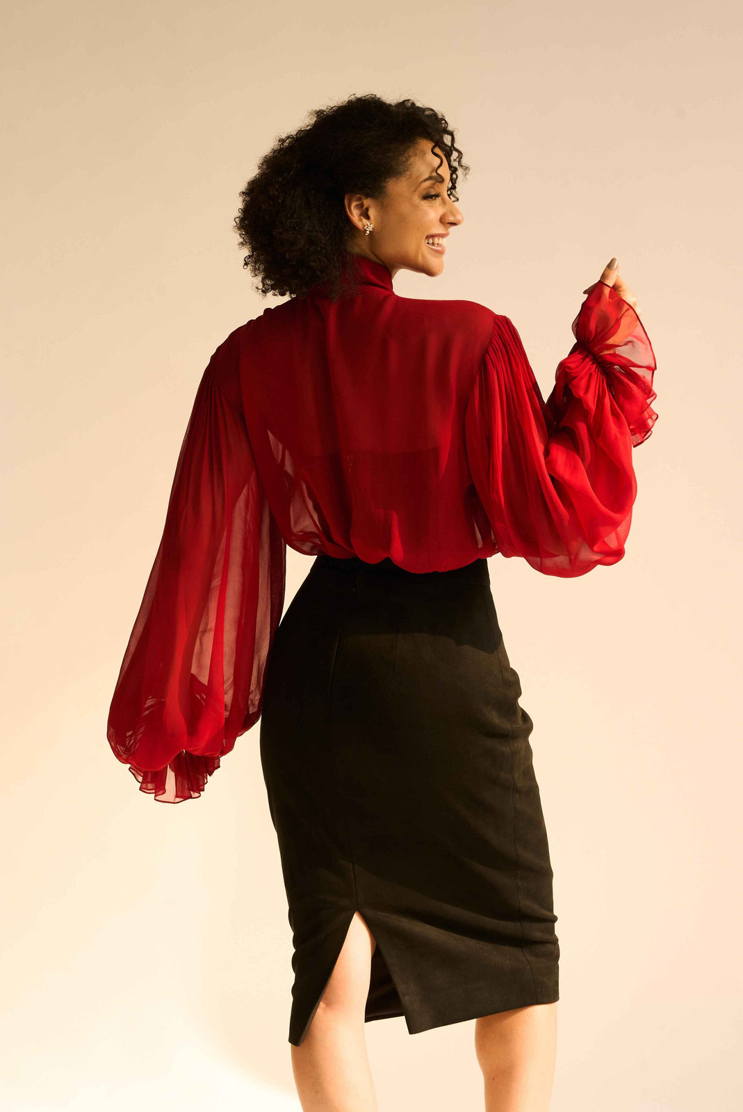 Ruby Red Chiffon Blouse with Black Pencil Skirt Ruby Red Chiffon Blouse with Black Pencil Skirt — Chiffon Blouse Outfits 2027