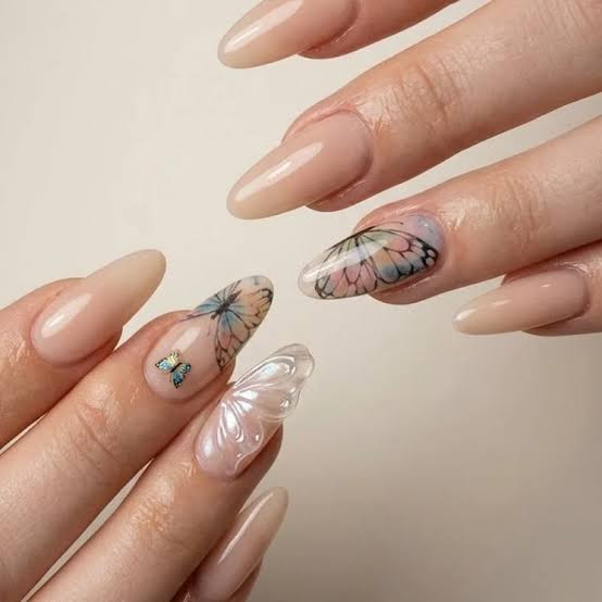 Sheer Nude with Iridescent Butterflies — Butterfly Airbrush Nails 2027