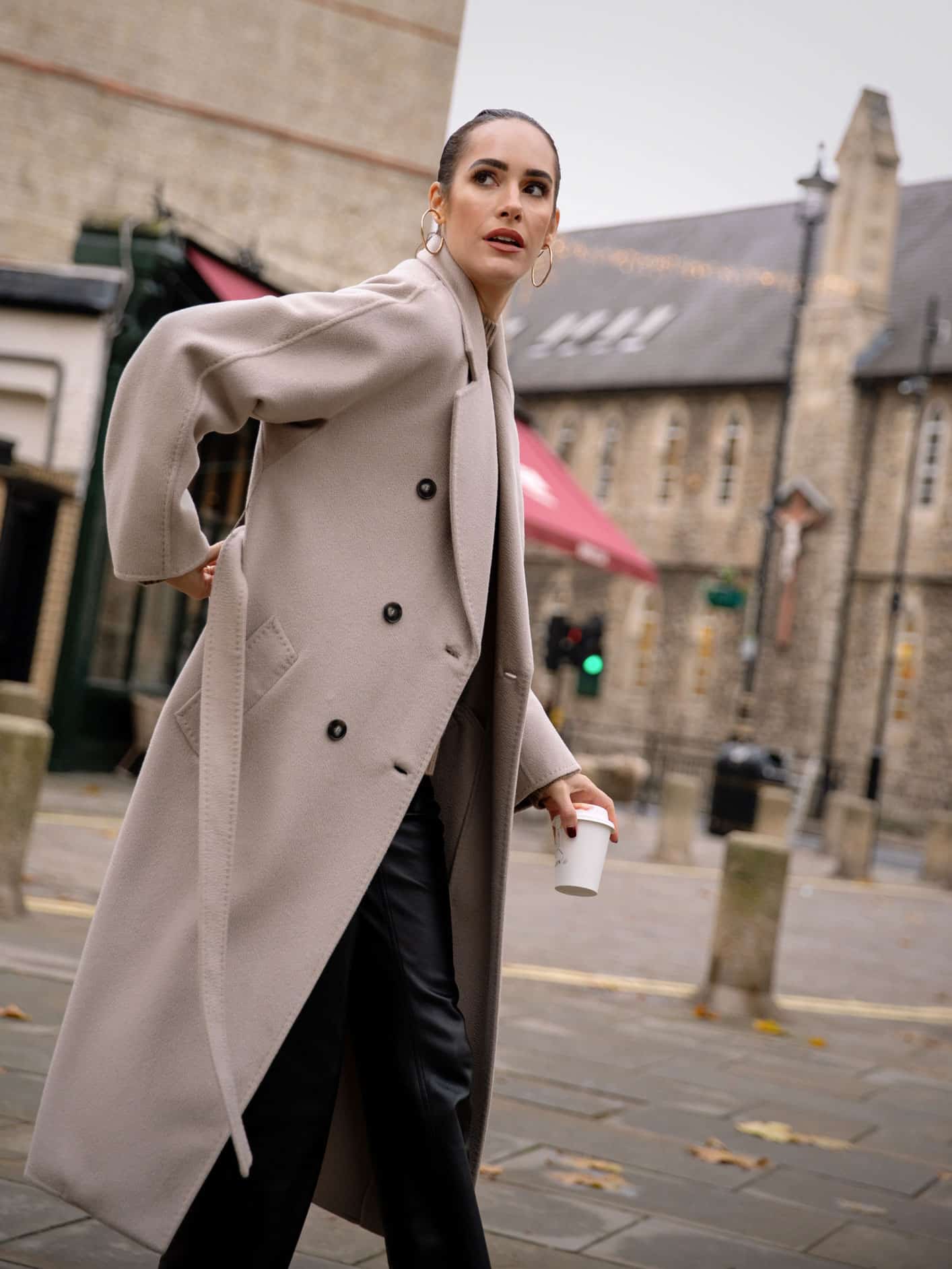 Double-Breasted Beige Coat with Leather Pants Double-Breasted Beige Coat with Leather Pants — Winter Outfits 2027 with Long Coat