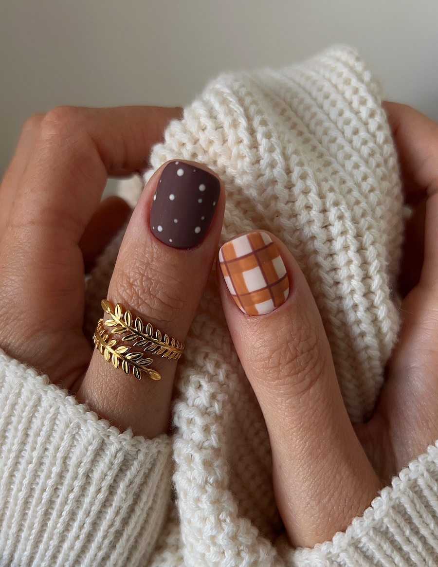 Short Square Matte Brown with White Dots Short Square Matte Brown with White Dots — Polka Dot Nails 2027