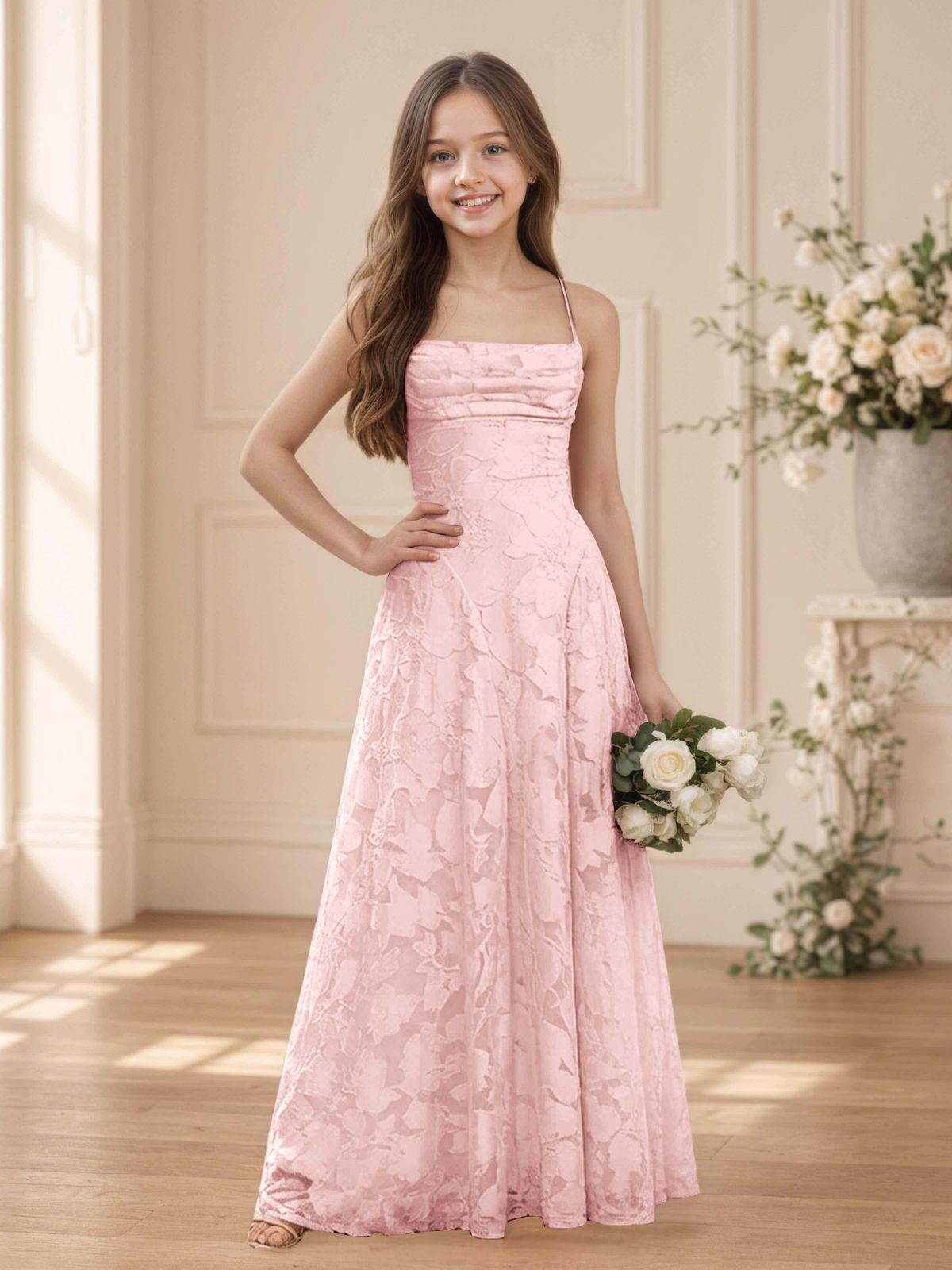 Elegant Pink Jacquard with a Ruched Bodice Detail Elegant Pink Jacquard with a Ruched Bodice Detail — Junior Bridesmaid Dress 2027