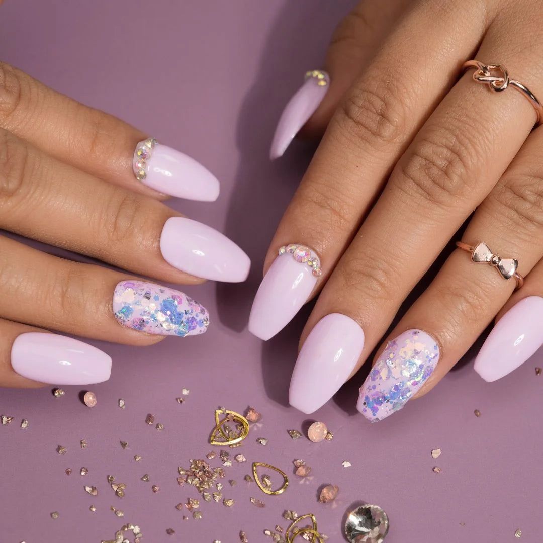Glossy With Glitter And Confetti Accents Visual Idea — Lavender Wedding Nails 2027