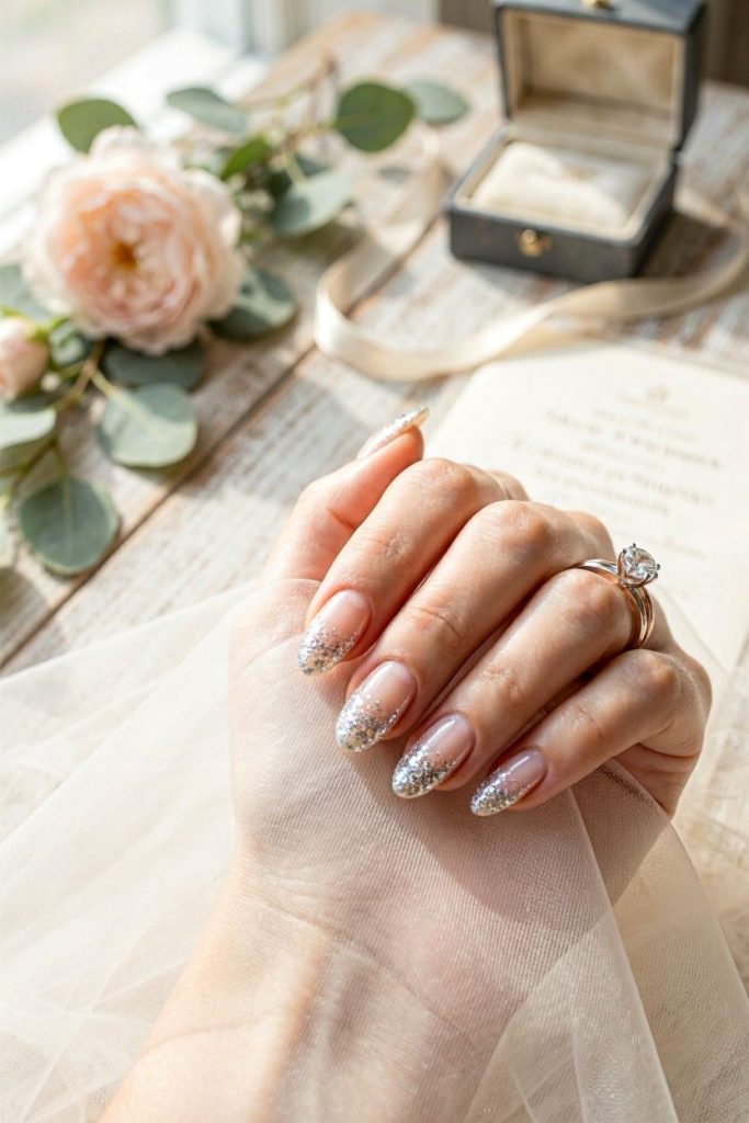 Glossy Sheer Pink Glitter French Glossy Sheer Pink Glitter French — Simple Wedding Nails 2027