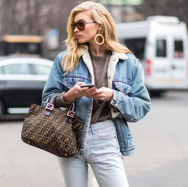 Light Wash Denim Jacket with Shearling Collar and Knit Sweater — Denim Jackets 2027