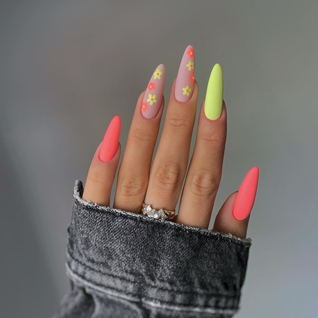 Matte Neon Coral and Yellow Stilettos Matte Neon Coral and Yellow Stilettos — Neon Matte Nails 2027