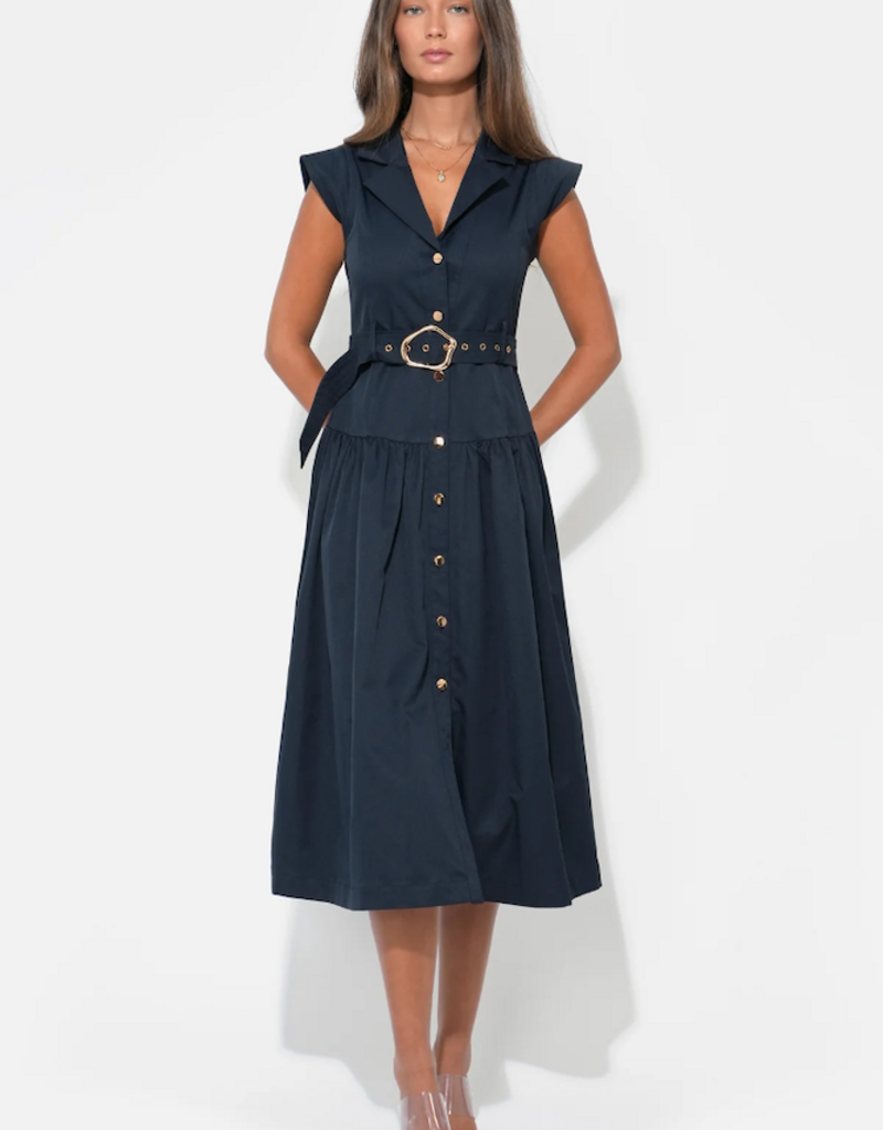 Navy Fit-and-Flare Button-Up Dress with Gold Belt Navy Fit-and-Flare Button-Up Dress with Gold Belt — Button Up Dress 2027