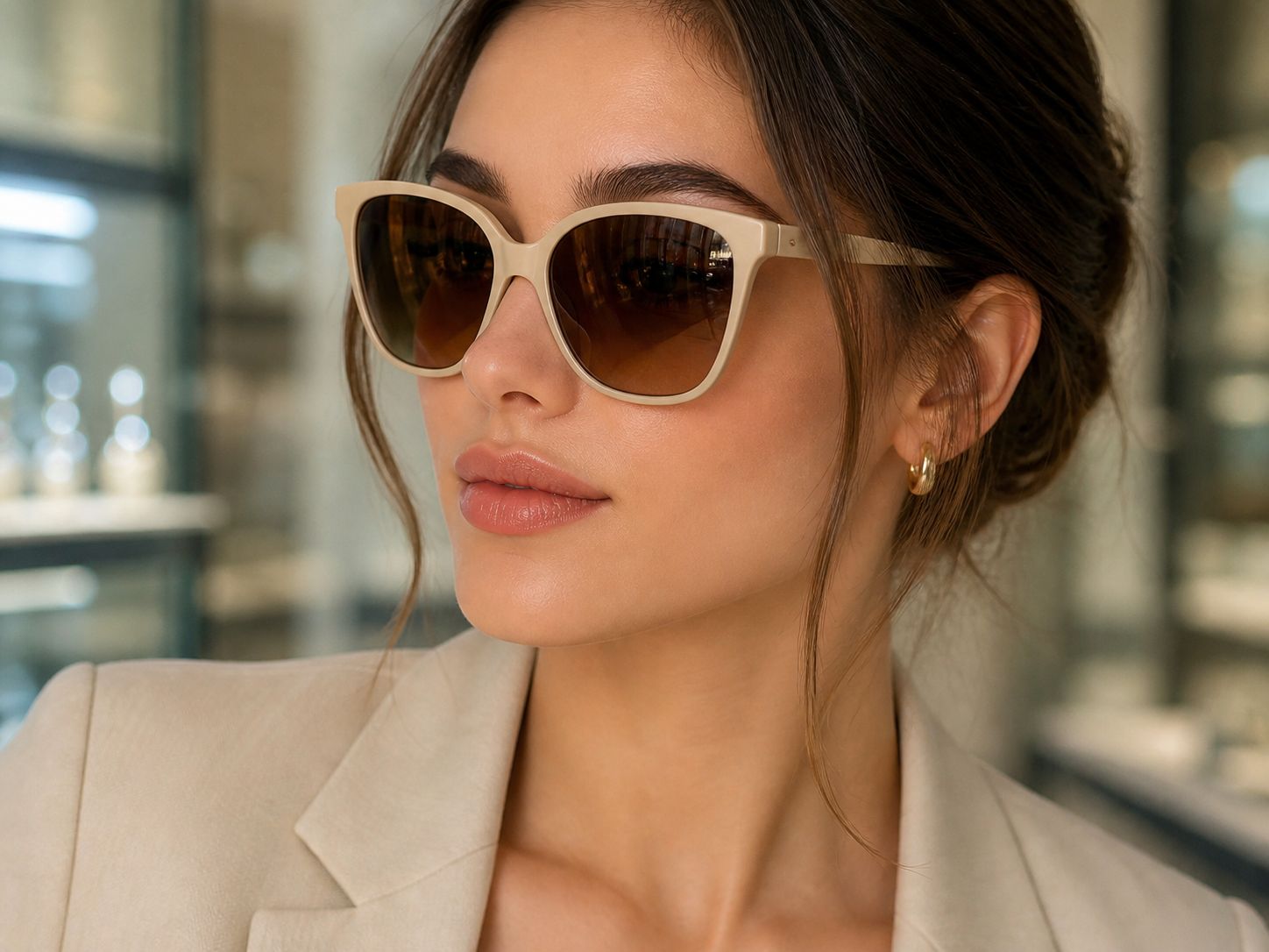 Sophisticated Cream Blazer with Oversized Cat Eyes — Cat Eye Sunglasses Outfits 2027