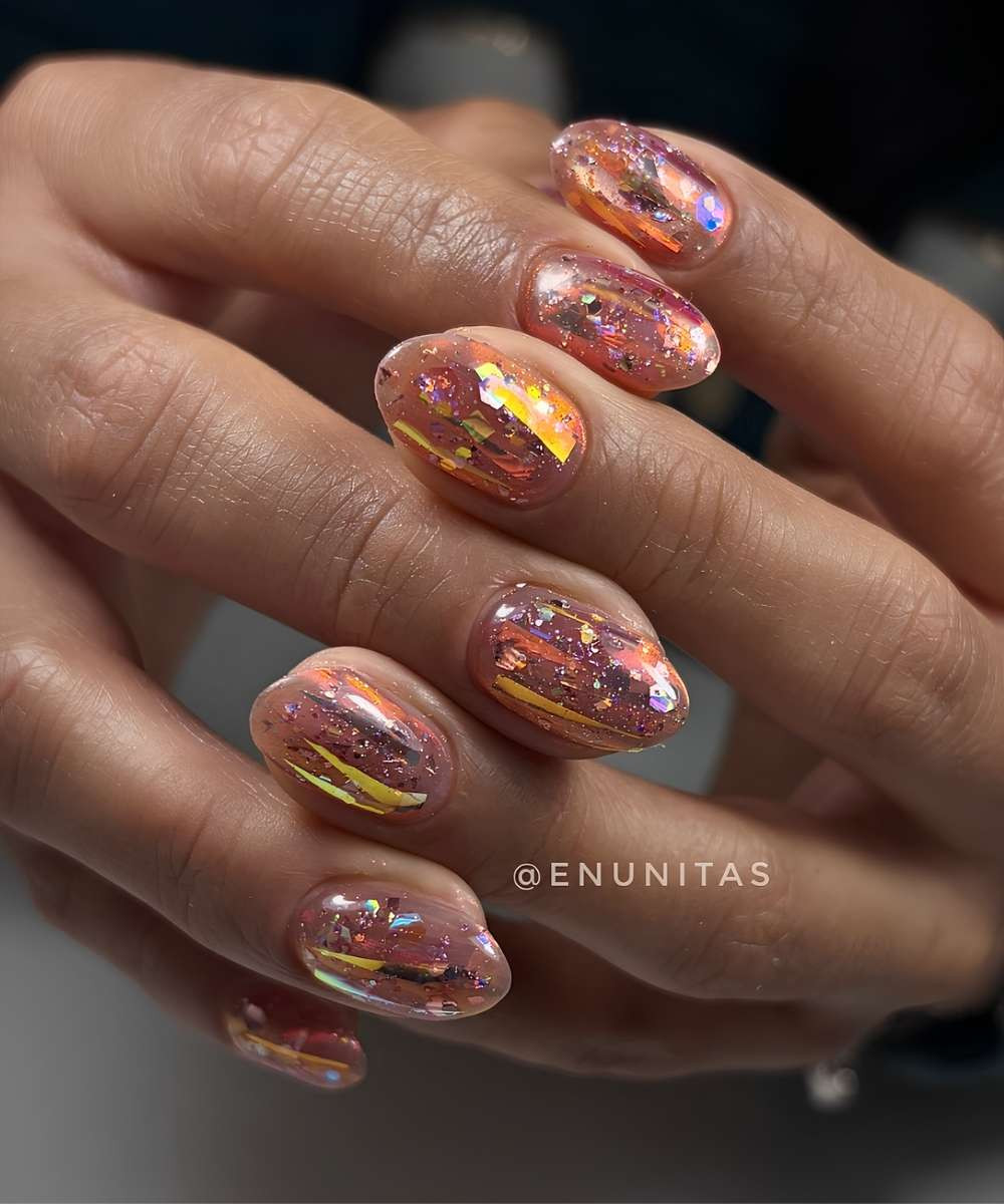 Aurora Peachy-Pink Foil Fragments Aurora Peachy-Pink Foil Fragments — Holographic Foil Nails 2027